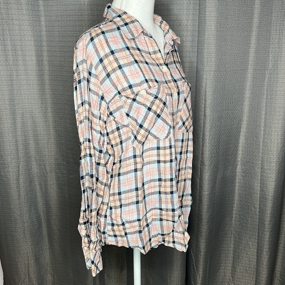 SANCTUARY SMALL BOYFRIEND SHIRT PLAID ORANGE AND BLUE - Picture 5 of 9
